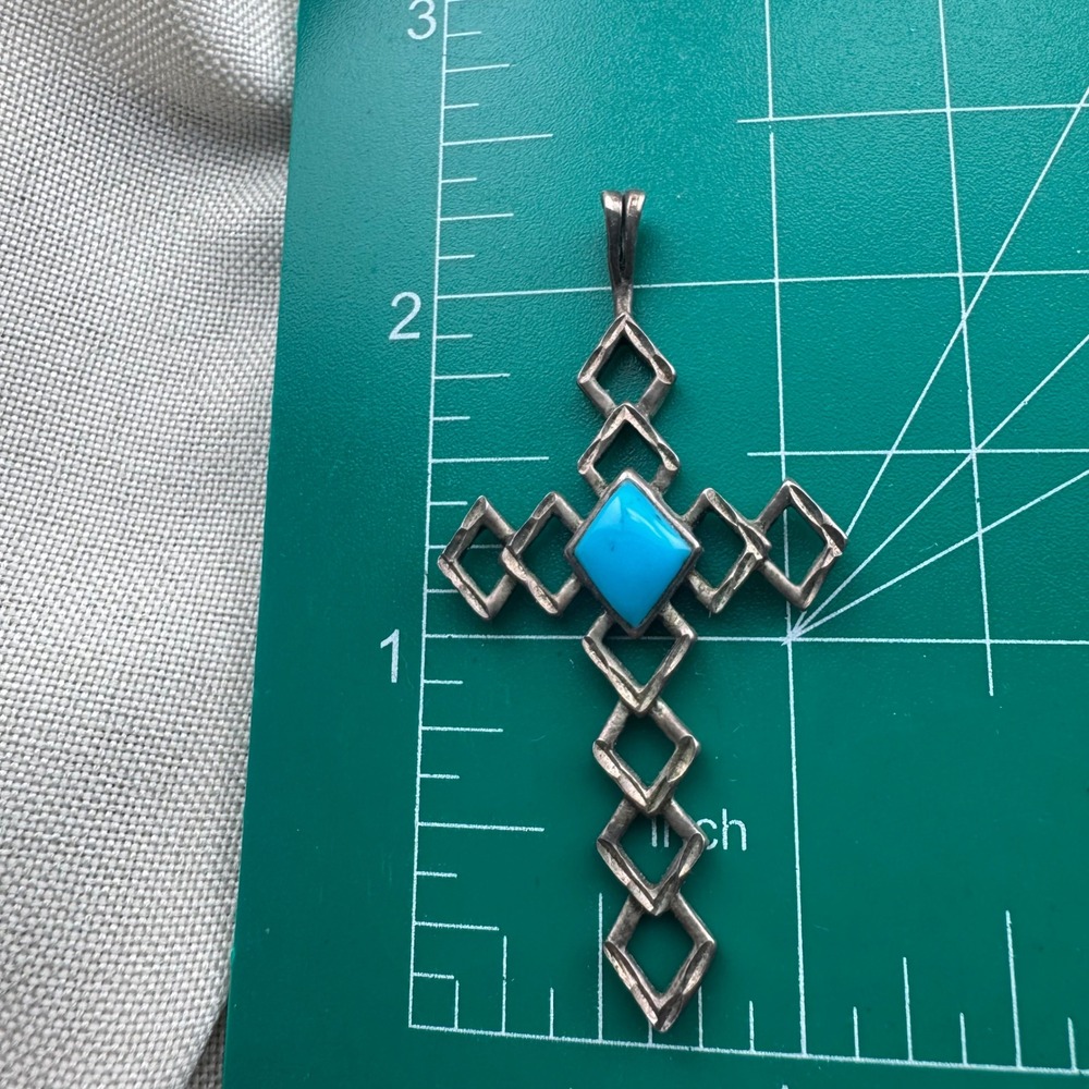 Sterling Silver Turquoise Geometric Cross Pendant Southwestern Textured 2.75" - Picture 4 of 4